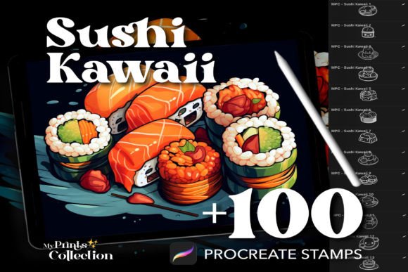 100 Procreate Sushi Kawaii Stamps
